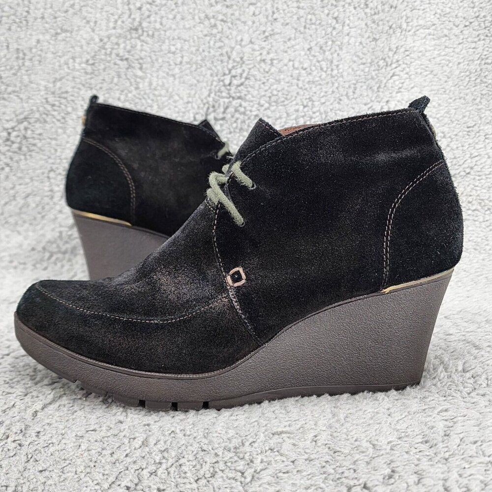Donald Pliner Women's Wedge Ankle Boots Sz 7.5 Black Suede Lace Up Y2K Chunky
